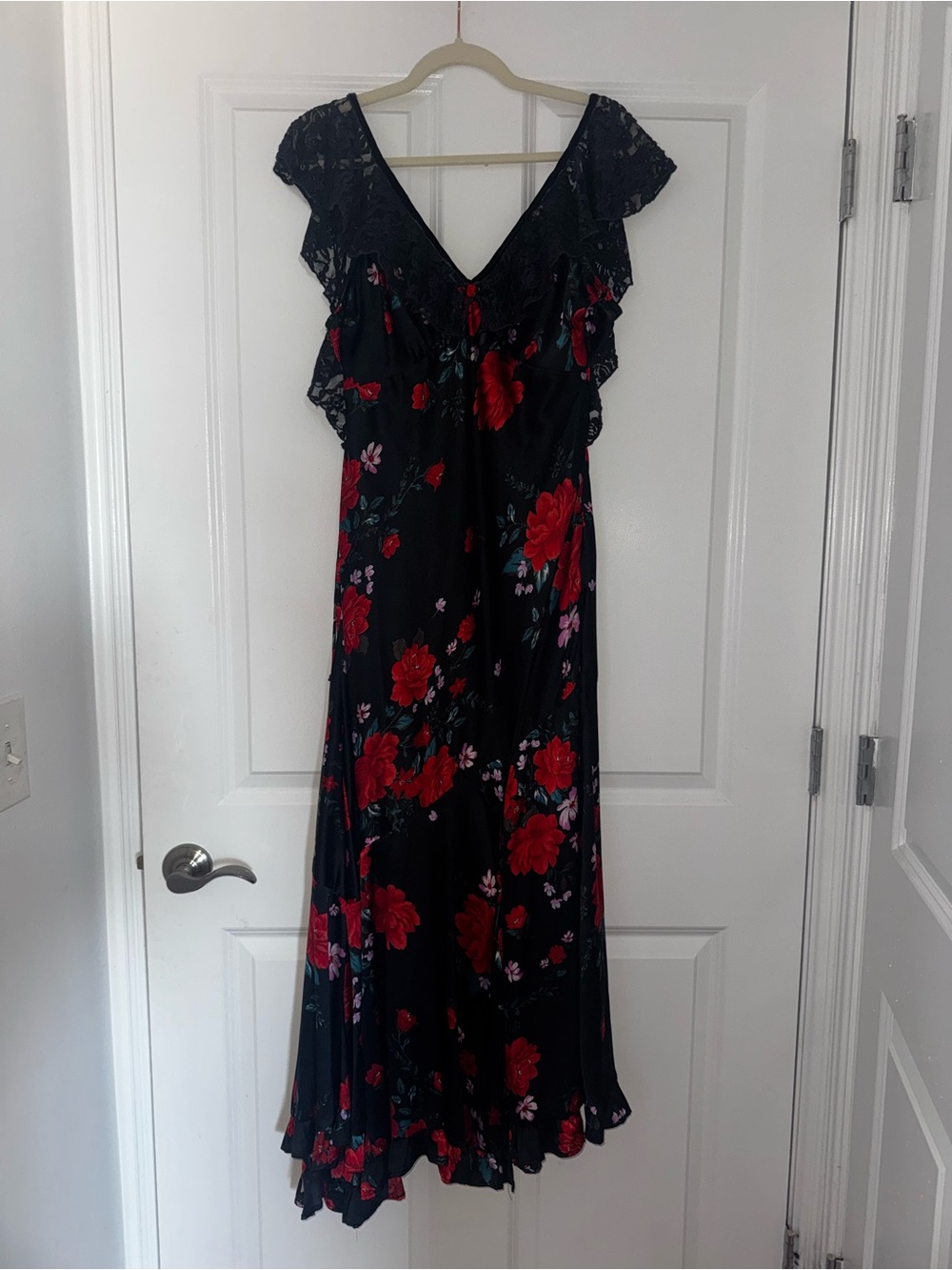 Free People Black Maxi Dress with Red Floral Print medium
